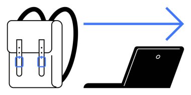 Sırt çantası, dizüstü bilgisayarı gösteren ok dijital eğitime geçişi, uzaktan çalışmayı ya da e-öğrenmeyi simgeliyor. Eğitim, öğrenme materyalleri, teknoloji ve dijital evrim için ideal