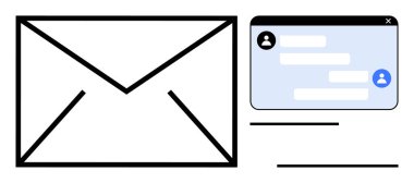 Kullanıcı profilleri ve ileti başlıklarının yer aldığı dijital sohbet penceresinin yanındaki zarf simgesi. E- posta, mesajlaşma, çevrimiçi iletişim, takım çalışması, işbirliği, müşteri desteği, basit iniş için ideal