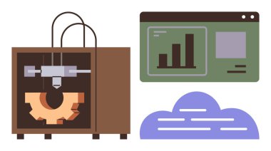 3D yazıcı bir dişli, analitik için bir veri tablosu ve bulut grafiği hazırlıyor. Yenilik, üretim, teknoloji, otomasyon, mühendislik, veri bilimi yaratıcılığı için idealdir. Basit düz