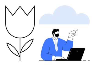 Mavi takım elbiseli adam dizüstü bilgisayarda minimalist çiçek ve bulutla çalışırken el kol hareketi yapıyor. Yaratıcılık, teknoloji, iş dünyası, bulut hesaplama, takım çalışması, yenilik, büyüme metaforu için idealdir. Basit düz