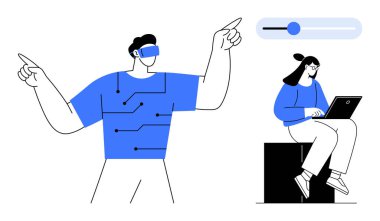 Tişörtünde teknolojik detaylar olan VR kulaklık kullanan bir adam ve dizüstü bilgisayarda yazan bir kadın. Teknoloji, yenilik, sanal gerçeklik, dijital etkileşim, uzak çalışma, gelecekçi