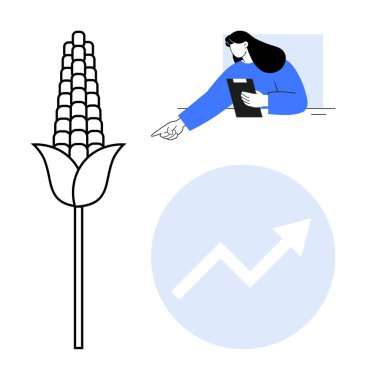 Mısır sapı, pano ile işaret eden kadın ve büyüme oku. Tarım, iş büyümesi, analiz, sürdürülebilirlik, ekonomi ve eğitim için ideal basit iniş sayfası