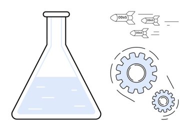 Laboratuvar şişesi, dişli mekanizması ve DDoS saldırı füzeleri siber güvenlik riskleri, servis bozulması ve teknolojik analizleri vurguluyor. Siber güvenlik, yenilik, süreç, sistem için ideal