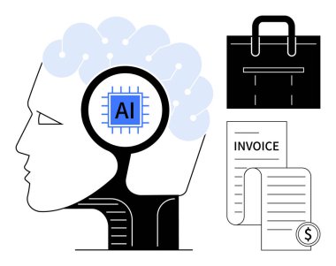 Üzerinde dolar sembolü olan veri, evrak çantası ve faturaları analiz eden yapay zeka işlemcisi olan bir insan kafası profili. Yapay zeka, iş, otomasyon, teknoloji, finansal yenilik ve basitlik için idealdir. Basit.