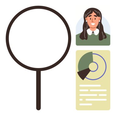 Bir kadının profilinin yanında büyüteç ve yazılı bilgi tablosu. Analiz, araştırma, kullanıcı profili, veri incelemesi, adam toplama, kimlik tespiti, sunumlar için ideal. Basit düz metafor