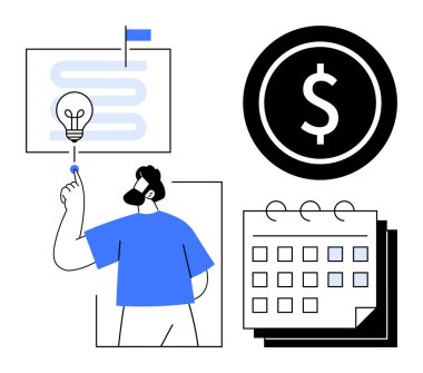 Ampul, para ve takvimle zaman çizelgesi oluşturmaya çalışan bir adam. Proje yönetimi, finansal planlama, programlama, iş akışı tasarımı, verimlilik, etkinlik planlaması için ideal