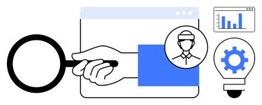 Pencere üzerinde el ele tutuşan büyüteç, kullanıcı profili, çizelge ve dişli ampul. Araştırma, kullanıcı analizi, veri görselleştirme, problem çözme, yenilik analizi fikri için ideal