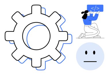 Büyük vites gösterme işlemleri, kod bloğu tutan geliştirici ve tarafsız yüz simgesi. Geliştirme, teknoloji, üretkenlik, yenilik, problem çözme, otomasyon sade iniş sayfası için ideal