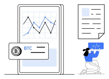 Bitcoin fiyat grafiği olan mobil ekran, bir kişi tarafından tutulan kodlama arayüzü, belge simgesi. Fintech, programlama, kripto trendleri, ticaret platformları, veri analizleri ve minimal modern tasarımlar için ideal