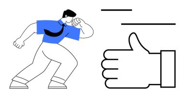 İş kıyafeti giymiş bir adam güven içinde kolunu esnerken, başparmağıyla yaptığı büyük hareket başarıyı ve pozitifliği simgeliyor. Motivasyon, takım çalışması, liderlik, iş büyümesi, güven, kariyer, basit