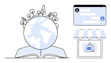 Üzerinde bitkiler, online sohbet penceresi ve vitrin olan açık bir kitap. Sürdürülebilirlik, eğitim, küresel farkındalık, e-ticaret, iletişim, çevre sade iniş sayfası için ideal