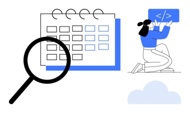 Takvim ve arama büyütecinin yanındaki mavi panelde kodlama işini inceleyen bir kadın. Proje yönetimi, kodlama, programlama, dijital çalışma alanı, görev öncelikleri, takım verimliliği, basit