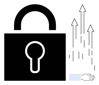 İlerleme için yukarı bakan oklarla birlikte güvenliği ve destek için uzanan bir eli sembolize eden büyük bir asma kilit. Güvenlik, yenilik, büyüme, ilerleme, teknoloji ve fırsat için ideal