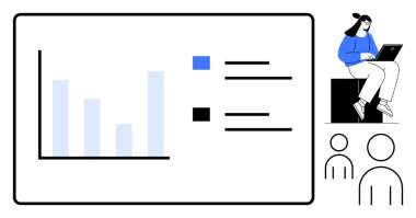 Veri noktalı çubuk grafik, etiketli anahtarlar. Laptop incelemesi yapan kişi. Çizgi tarzı minimalist figürler bir arada duruyor. Analiz, takım çalışması, iş, eğitim, çevrimiçi için ideal
