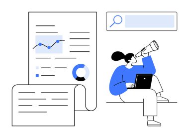 Grafikleri ve çizelgeleri olan dijital rapor dizüstü bilgisayar ve teleskop kullanarak trendleri analiz eden kadın, arama çubuğu. Veri analizi, iş stratejisi, piyasa araştırması, yenilik, planlama, vizyon için ideal