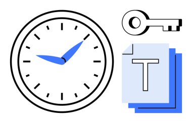 Mavi elli saat, anahtar, bir yığın belge. Zaman yönetimi, güvenlik, verimlilik, programlar, güvenli erişim, basit iniş sayfası organizasyonu için ideal