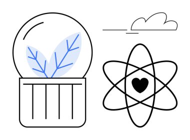 İçinde yeşil yaprak olan cam kavanoz, merkezinde kalp olan atom, minimum bulut çizgisi aksanı. Sürdürülebilirlik, ekoloji, bakım, yenilik, bilim çevresi dengesi için idealdir. Basit bir daire.