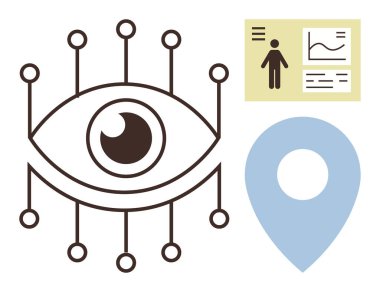 Ağ düğümlü göz, analitik grafik, kişisel veri ve konumunu simgeleyen izleme, izleme, biyometri, veri görselleştirme, izleme, yapay zeka ve bağlantıyı sembolize ediyor