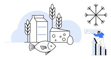 Süt kutusu, peynir, balık, yumurta, buğday, kar tanesi ve verileri inceleyen kişi. Sürdürülebilirlik için ideal çiftçilik tedarik zinciri beslenme araştırma gıda sistemleri soğuk depolama. Basit düz metafor