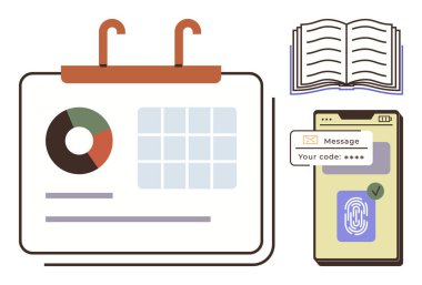 Çizelge ve veri şebekesi olan takvim, güvenlik özelliklerini gösteren akıllı telefon kod ve parmak izi, açık kitap. Üretim, planlama, eğitim, güvenlik, organizasyon, analiz için ideal