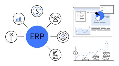 ERP modül simgeleri, merkezi ERP, analitik gösterge paneli, çubuk grafik, dişli, finansal büyüme. İş yönetimi, otomasyon, analitik finans stratejisi geliştirme için ideal basit iniş sayfası