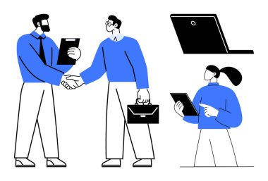 İki iş adamı el sıkışıyor, biri evrak çantası tutuyor ve bir meslektaşı tablet kullanıyor. Yanında bir dizüstü bilgisayar var. Takım çalışması, işbirliği, iş, ortaklık için ideal