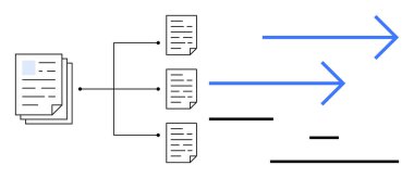 Aerodinamik veri akışını sembolize eden oklarla bireysel dosyalara ayrılmış dokümanlar. İş akışı otomasyonu, belge organizasyonu, dijital dönüşüm, verimlilik, dosya için ideal