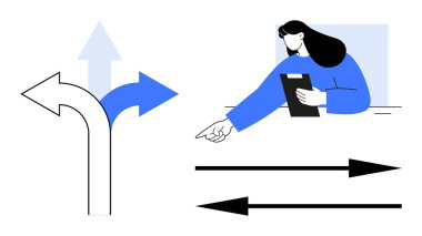 Tableti tutan ve kararlı bir şekilde işaret eden kadın, yön belirleyici oklarla çevrili, bu da karar verme, yönlendirme ya da yön bulma anlamına geliyor. Liderlik için ideal, karar verme, navigasyon, strateji, kariyer