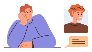 Başlarını uzatmış sohbet balonu aracılığıyla gülümseyen bir bireyle iletişim kurarken düşünüyorlar. Çevrimiçi etkileşim, uzaktan iletişim, yansıma, bağlantı için ideal