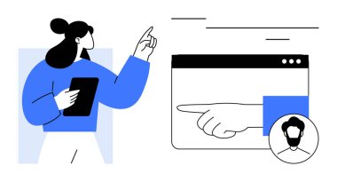 Bir tablet tutan ve büyütülmüş bir işaret eli ve profil ikonuyla tarayıcı penceresini gösteren bir kadın. İletişim için ideal, takım yönetimi, kullanıcı arayüzü, liderlik, rehberlik, dijital