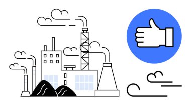 Temiz duman yayan endüstriyel fabrika, sürdürülebilirliği simgeliyor. Mavi onaylı el ikonu çevresel sorumluluğu gösteriyor. Çevre bilinci, temiz enerji, imalat ve iklim için ideal
