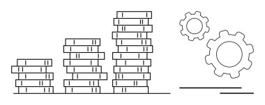 Yığılan bozuk paralar birbirine kenetlenen dişlilerle birlikte yükselir, finansal büyümeyi, iş stratejilerini ve sistem verimliliğini sembolize eder. Finans, ticaret, zenginlik, optimizasyon ve ekonomi için ideal