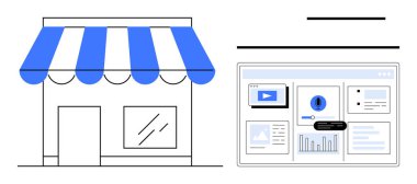Grafikler ve video arayüzü içeren analitik gösterge paneliyle çizgili güneşlikle donatılmış bir depo önü. E-ticaret, pazarlama, veri analizi, küçük işletme, girişimcilik ve strateji için ideal