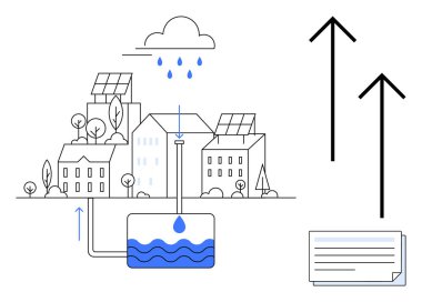 Güneş panelleri, yağmur suyu koleksiyonu ve yeraltı deposu olan sürdürülebilir şehir manzarası. Sürdürülebilirlik, eko-yaşam, yenilenebilir enerji, su kaynakları, iklim hareketi, kentsel planlama için ideal
