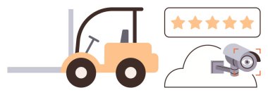 Forklift, bir bulut depolama kamerası ve beş yıldızlı bir derecelendirme ikonu yakınlarında iş başında. Lojistik, depo yönetimi, güvenlik denetimi, kalite kontrol, teknoloji, müşteri geribildirimi için ideal