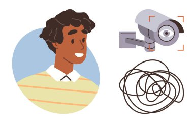 Gülümseyen genç adamın portresi, odaklanan güvenlik kamerası ve karmaşıklığı sembolize eden karmaşık çizgiler. Güvenlik, duygular, teknoloji, mahremiyet, kafa karışıklığı, farkındalık için ideal