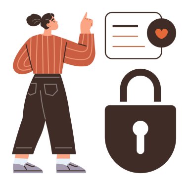 Kadın, büyük bir asma kilidin yanında kalp ikonu olan bir konuşma balonunu işaret ediyor. Gizlilik, veri güvenliği, teknoloji, çevrimiçi güvenlik, dijital güven, bilgi koruması için ideal, basit düz metafor