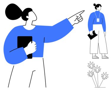 Bir kadın tablet tutarken kendinden emin bir şekilde el kol hareketi yapıyor, diğeri ise elinde belgeler, kimlik kartı ve bitkilerle ayakta duruyor. Liderlik, takım çalışması, karar verme, kariyer büyümesi, profesyonellik için ideal