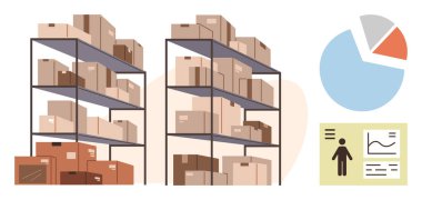 Paketli rafların yanı sıra analitik görseller, bir pasta grafiği ve kişisel rapor bilgileri de dahil. Envanter, lojistik, depolama, depolama, organizasyon için ideal