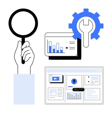 Analiz, araştırma ve optimizasyon araçlarını vurgulayan büyüteç, veri grafikleri ve teçhizatla el ele. Geliştirme, teknoloji, araştırma, performans izleme yönetimi için ideal UIUX