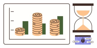 Büyüme tablosunda birikmiş paralar, kum saati izleme süresi, mali güvenceyi belirten bir cüzdan. Yatırım, bütçe, ekonomik büyüme, zaman yönetimi, kişisel finans için ideal