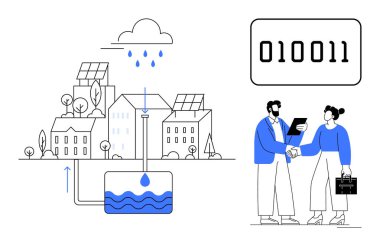 Şehir konutlarında güneş panelleri ve su tankı olan yağmur suyu toplama sistemi. İş adamlarının el sıkışması işbirliği anlamına gelir. Sürdürülebilirlik için ideal, akıllı teknoloji, şehir planlaması