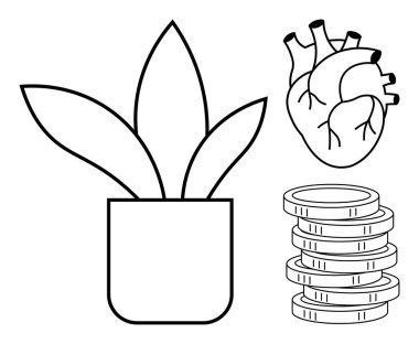 Büyümeyi temsil eden saksı bitkisi, sağlığı sembolize eden anatomik kalp ve zenginliği temsil eden bozuk para yığını. Finans, refah, sürdürülebilirlik, kişisel bakım, kişisel kalkınma ve yatırım için ideal