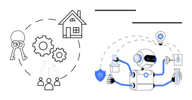 Robot akıllı ev işleri ve güvenliği yönetiyor. Anahtarlar, dişliler, ev, insanlar, teknoloji ikonları dahil. Ev otomasyonu için ideal, IoT yapay zeka işbirliği robot yenilik güvenliği. Modern daire
