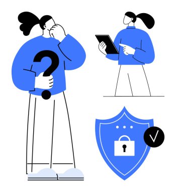 Soru işareti olan bir kişi, tablet kullanan bir diğeri ve kilit sembollü bir kalkan. Sorun çözme, güvenlik, dijital araçlar, karar verme, rehberlik, gizlilik için ideal basit iniş sayfası