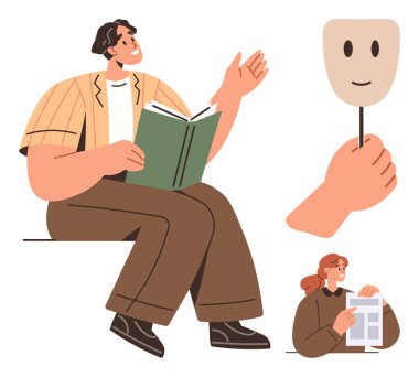 Kendine güvenen bir el kol hareketi yapan bir adam, gülümseyen bir maske tutan bir el ve belgeyle oturan düşünceli bir kadın. Eğitim, kimlik, hikaye anlatma, yaratıcılık, içgözlem için ideal