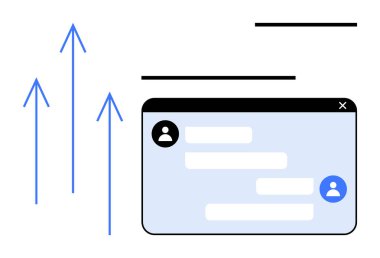 Kullanıcı simgeleri ve metin çubuklarının dağıtıldığı Chatbox penceresi. Mavi yukarı doğru oklar iletişim, büyüme, geri bildirim, kullanıcı bağlantısını çağrıştırıyor. Teknoloji, ağ, iş akışı için ideal