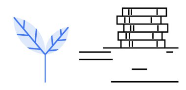 Yığılmış kitapların yanında mavi damar desenli bir yaprak. Öğrenme, büyüme, ekoloji, sürdürülebilirlik, eğitim, bilgi, takım çalışması, basit iniş sayfası için ideal