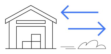 Lojistik, nakliye ve tedarik zinciri operasyonlarını sembolize eden istiflenmiş kutular ve oklarla dolu depo. Teslimat, nakliye, depolama, dağıtım, iş verimliliği, ulaşım için ideal