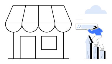 Yükselen bar grafiğinde büyüteç kullanan kişi ve tepe örtülü vitrin. Girişimcilik, iş büyümesi, e-ticaret, pazarlama, yerel arama, yenilik ve strateji için idealdir. Basit.